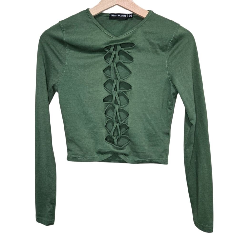 Pretty Little Thing Green Cutout Long Sleeve Top